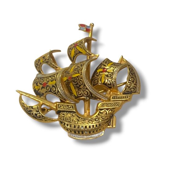 Vintage Gold-Tone Ship Brooch Pin With Filigree Design & Enamel Details - Picture 2 of 6